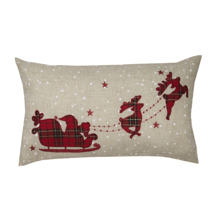 12" X 20" Beige and Red Reindeer Christmas Santa and Sleigh Linen Blend Zippered Pillow With Applique
