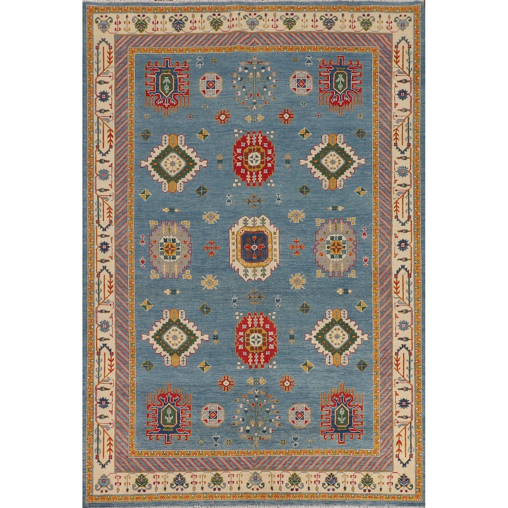 Blue Geometric Kazak Oriental Area Rug Handmade Wool Carpet - 6'8" x 9'7"