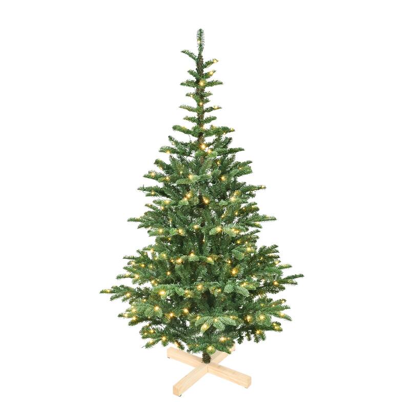 7ft Pre-Lit Christmas Tree with 400 Warm White LED Lights,941 PE+PVC Tips,Realistic Layered Look,Unique Wooden Base
