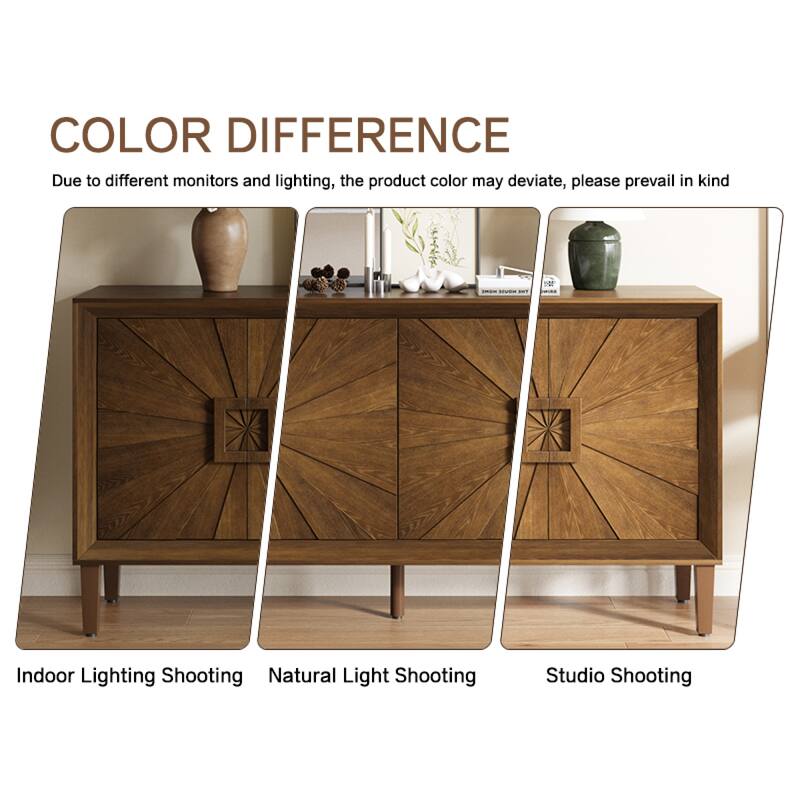Roomfitters 60" Premium Farmhouse Credenza, Symmetrical Sunburst Door Design TV Stand with Adjustable Shelves, Antique Brown