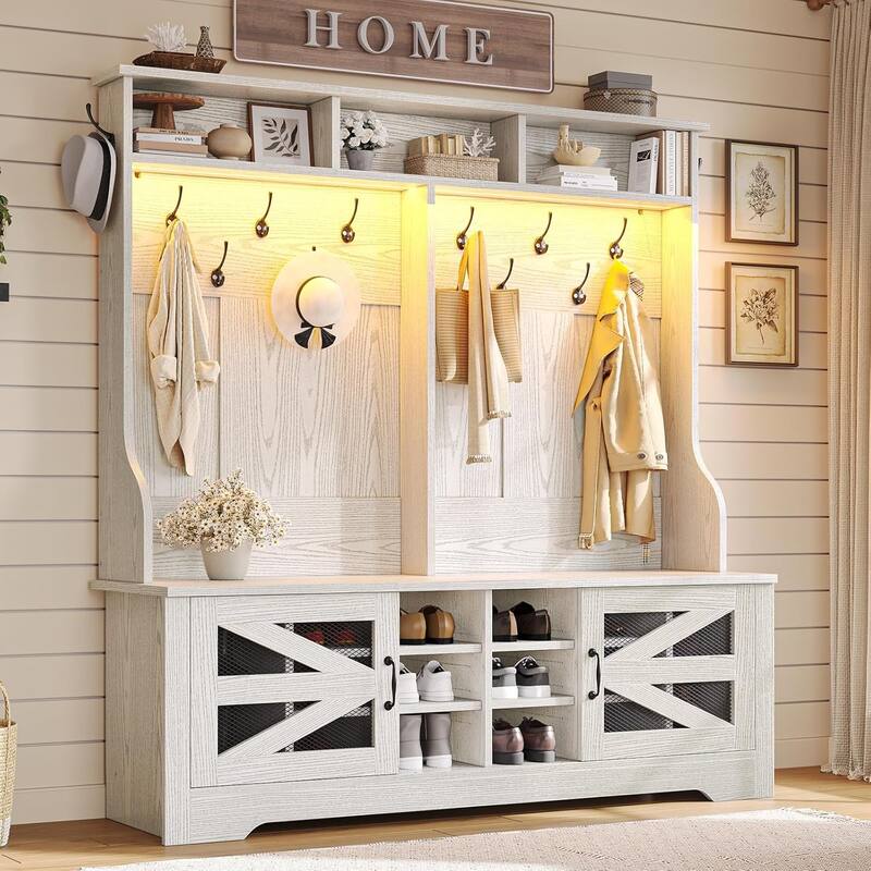 Hall Tree w/ Bench Shoe Storage Shoe Cubby Barn Door Adjustable Shelf - 59.1" - White