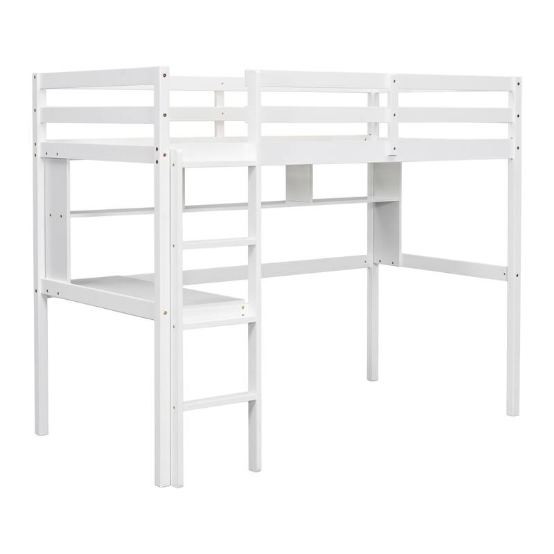 Twin Loft Bed with Desk, Shelves, Safety Guardrail, and Ladder, White