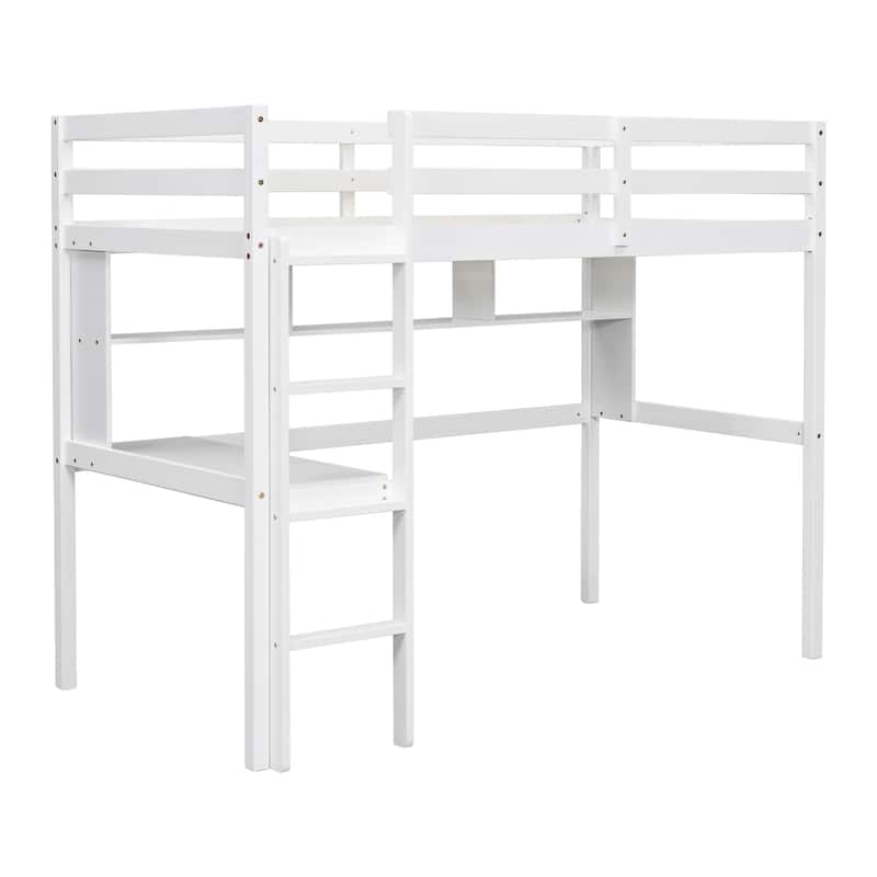 White Twin Size Wood Loft Bed with Desk and Shelves