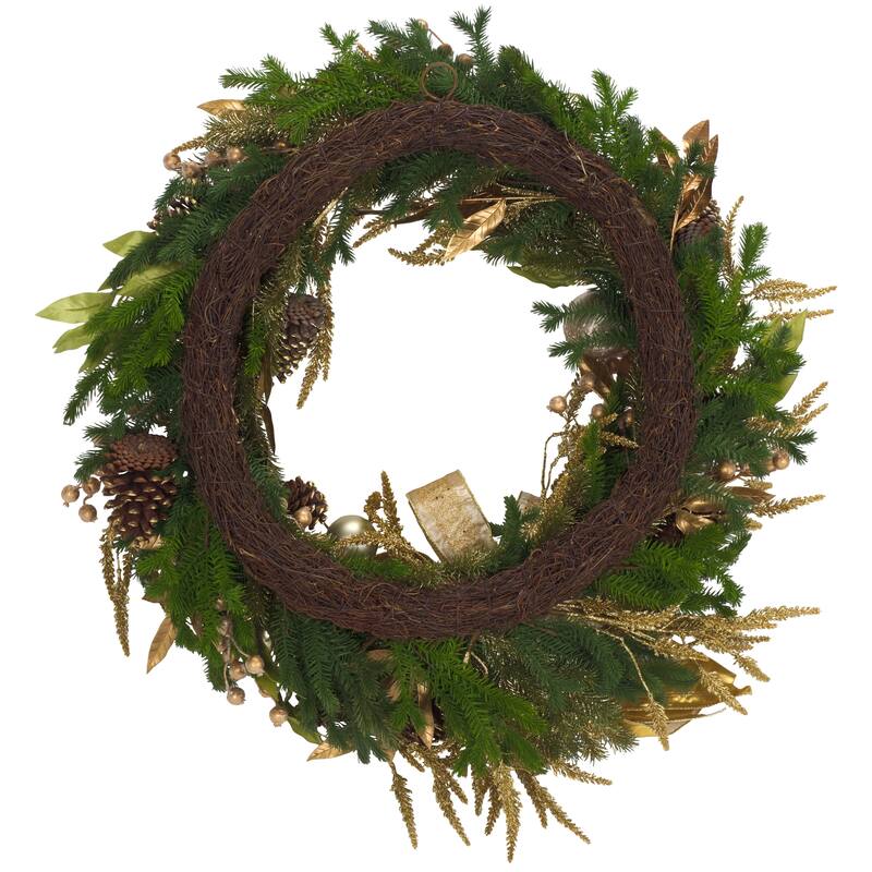 SAFAVIEH Home Luxe 34-inch Gilded Pine Wreath With Ornaments Ribbon & Pine Cones
