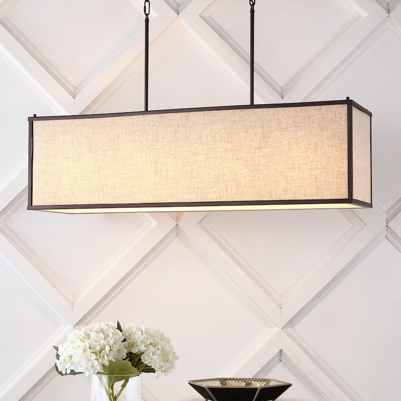 Crosby 42" 4-Light Minimalist Industrial Rectangular Linen Iron Linear LED Pendant, Oil Rubbed Bronze/Beige by JONATHAN Y