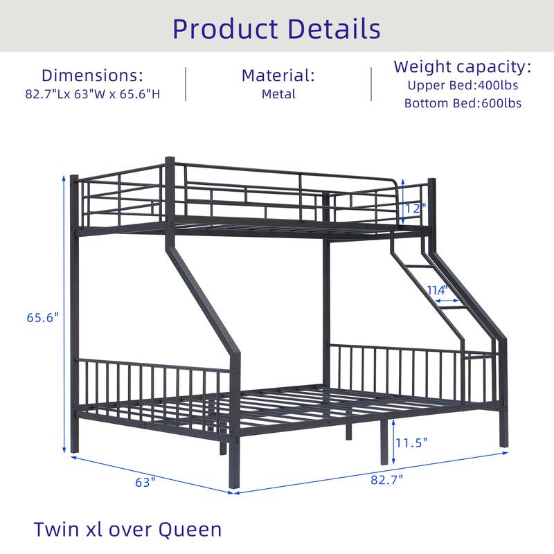 Bunk Bed Frame with Ladder and Guardrail, White Black Optional