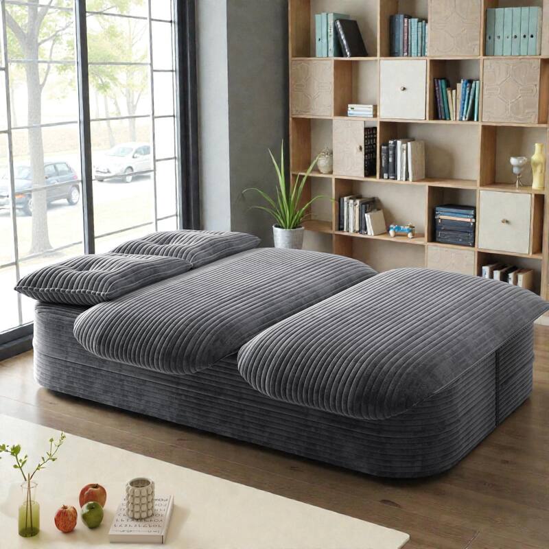 78.7 Inch Convertible Floor Sofa Bed, Plush Corduroy Sleeper Couch with Blanket and 2 Pillows, Deep Seat