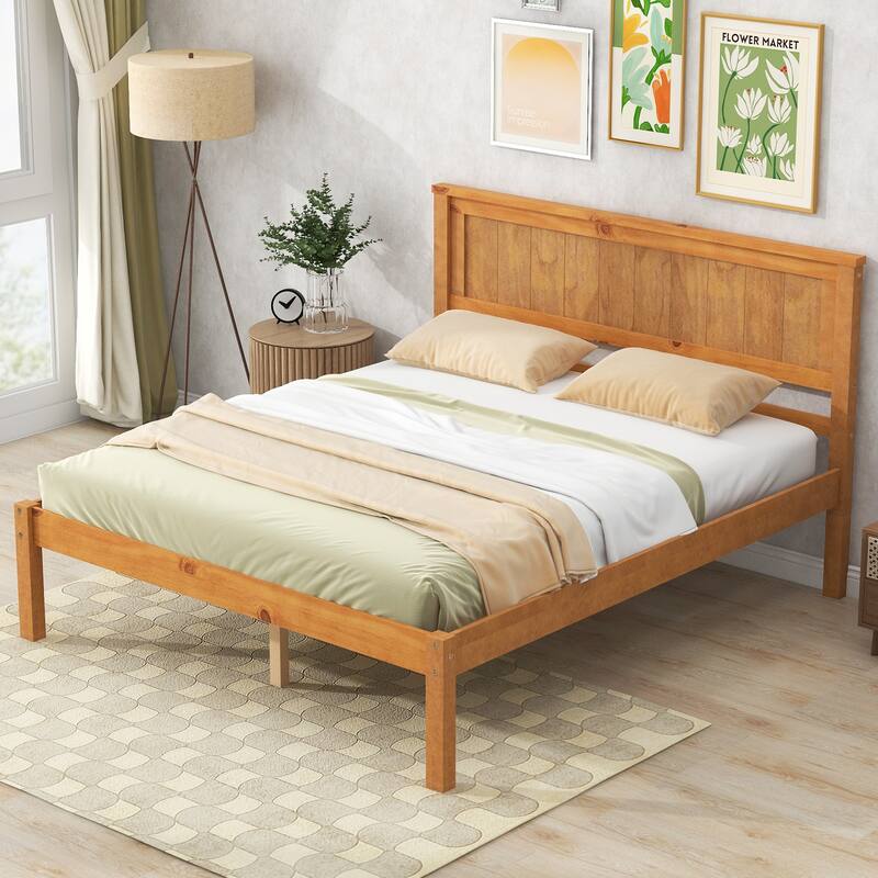 Brown Pine Wood Full Platform Bed Frame with Headboard: No Box Spring Needed, Wood Slat Support, Under-Bed Storage