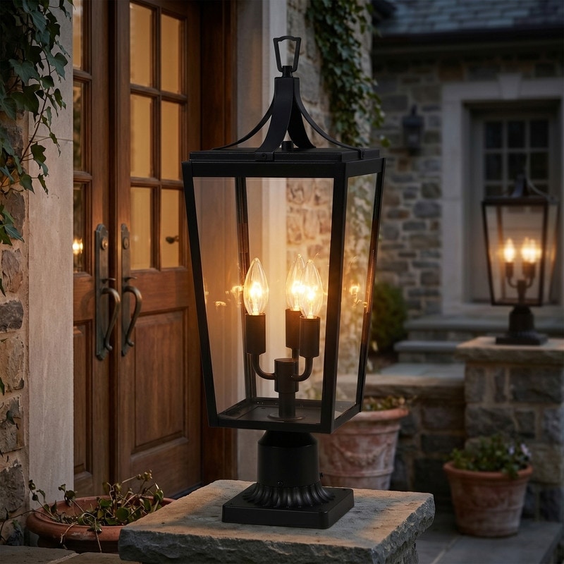 KAWOTI 3-Light Sandy Black Metal Hardwired Outdoor Weather Resistant Post Light with No Bulb Included, Clear Glass Shade