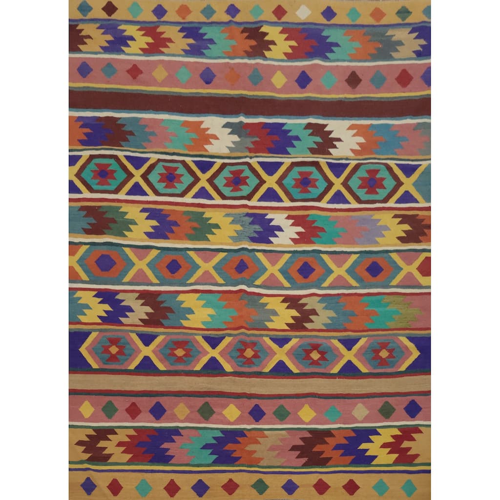 Hand Woven Oriental 100% Wool Carpet Southwestern Tribal Multi-Colored Kilim Area Rug - 9' 6'' X 8' 1''