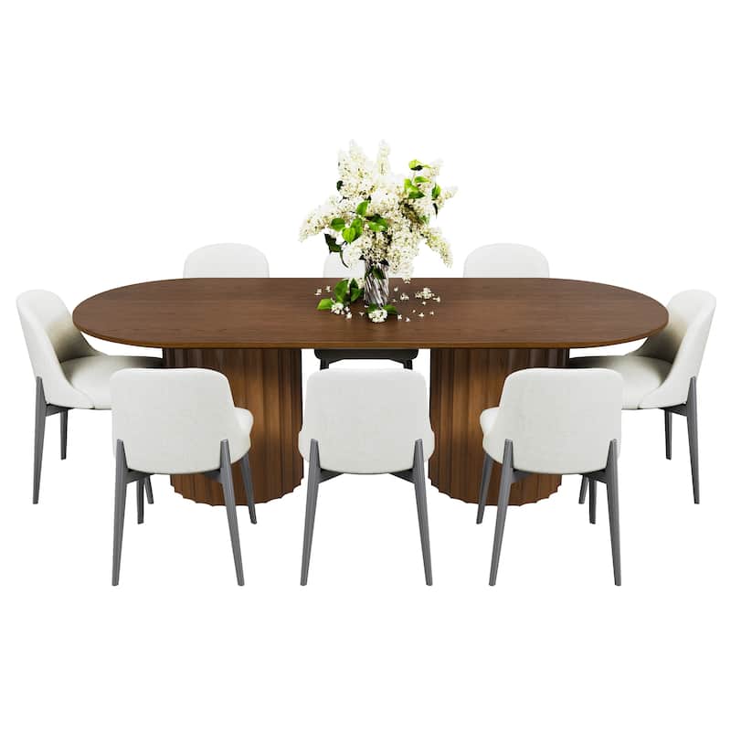 86" Modern Oval Dining Table Set with 8 Upholstered Chairs Black Textured Wood Top & Dual Cylindrical Pedestal Base