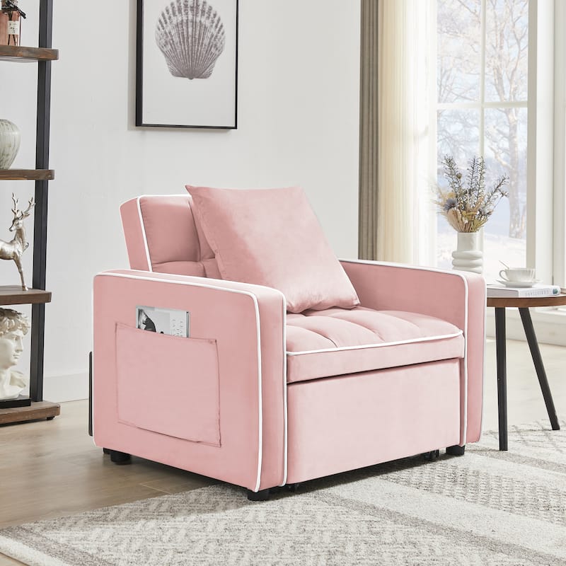 3 in 1 Convertible Sleeper Sofa Bed, Velvet Upholstered Sofa Recliner Chair, Single Sofa with Adjustable Backrest & Side Pockets