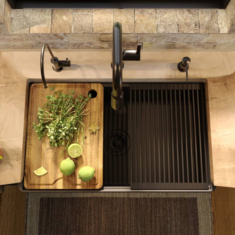 Karran 30" Single Bowl Workstation Fireclay Kitchen Sink with Reversible Fluted Apron Front