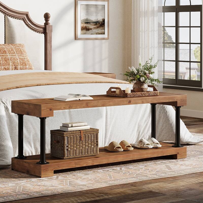 63 Inch Entryway Bench with Storage Shelves, Solid Wood Shoe Rack Bench for Indoor / Bedroom - 63.0" W x 13.8" D x 21.7" H