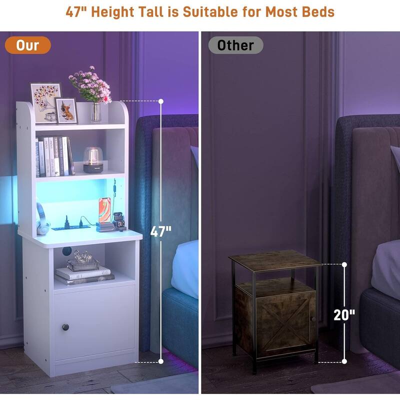 47" Nightstand with Charging Station and LED Lights,Industrial Bedside End Side Table with Adjustable Bookshelf Storage Cabinet