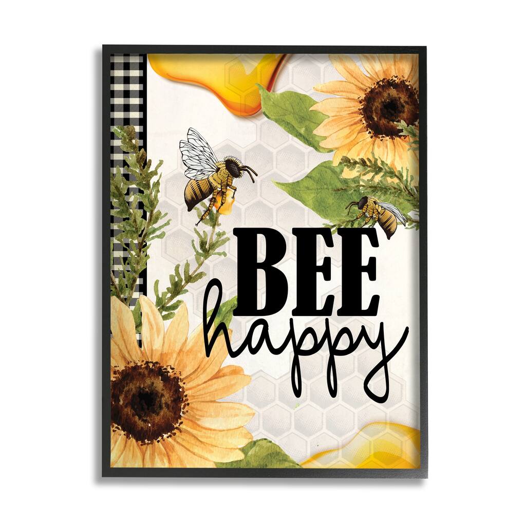 Stupell Bee Happy Sunflower Insect Hive Harvesting Honey Framed Giclee Art Design By Kim Allen