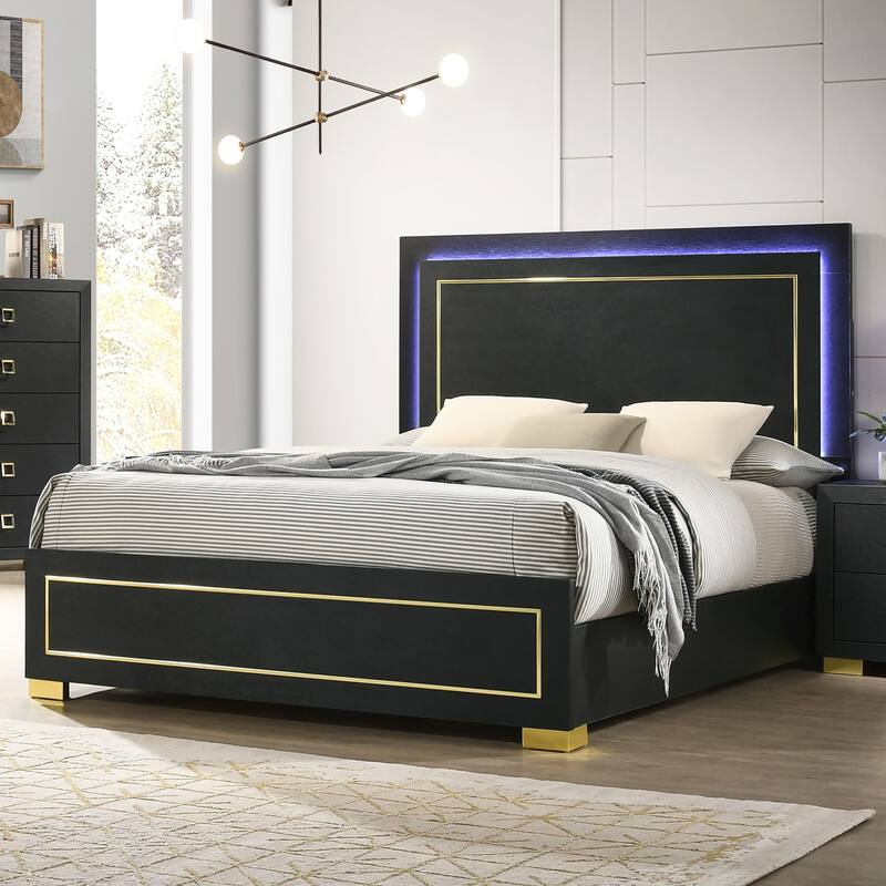 Furniture of America Nittely Modern Black Panel Bed with LED on Headboard