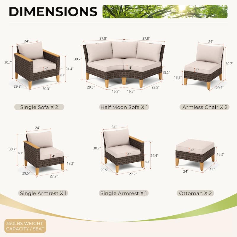 11-Piece Outdoor Wicker Half-Round Furniture Set, Half-Moon Sectional Sofa Set All Weather Rattan Curved Conversation Sets