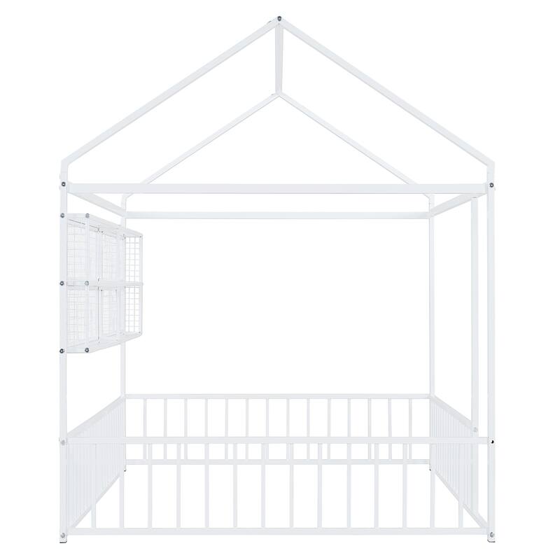 Full Size Metal House Bed Frame with Built-In Grid Shelves, Playful Canopy Design and Space-Saving Storage