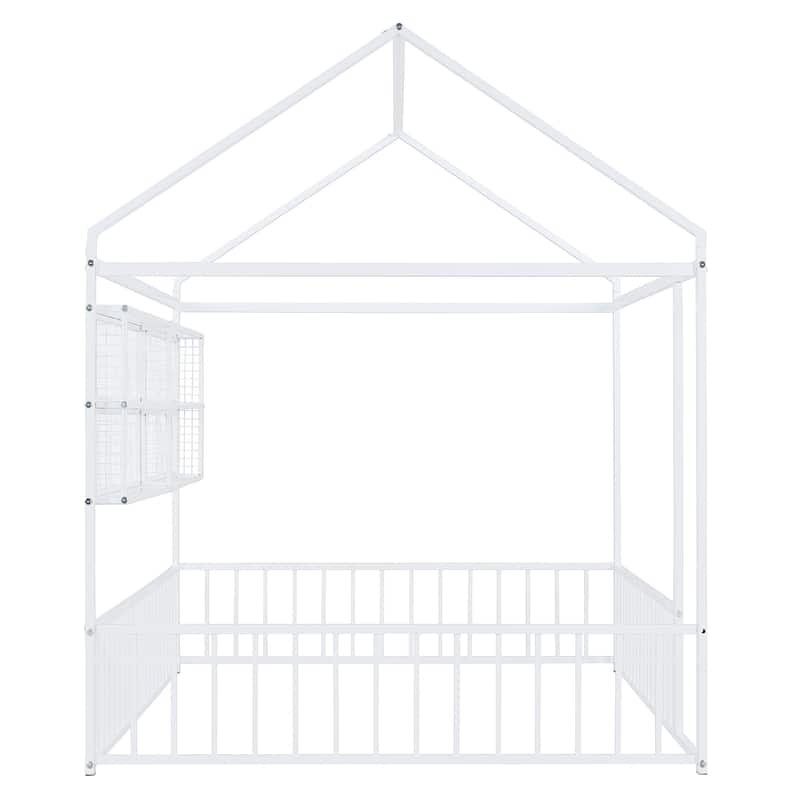 Metal House Bed Frame Kids Montessori Bed Floor Bed with Fence and Shelves for Kids Girls Boys