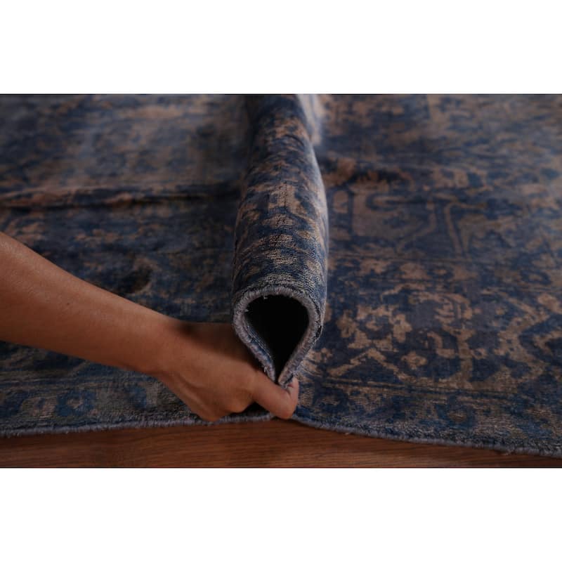 All-Over Blue Abstract Indian Area Rug Handmade Wool Carpet - 6'7"x 9'8"