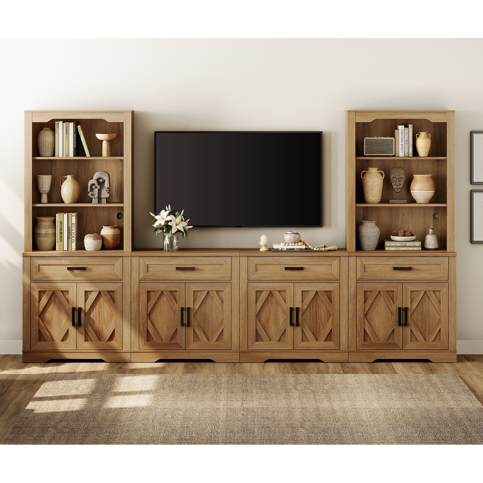 Farmhouse TV Stand Features Tall Bookshelves, Barn Doors & 5-Tier Storage