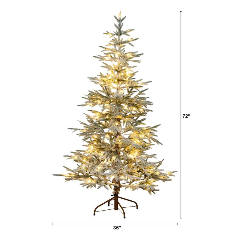 Pre-lit Slim Flocked Woodland Fir Christmas Tree - 6’ - Warm White LED Lights - 6 Foot