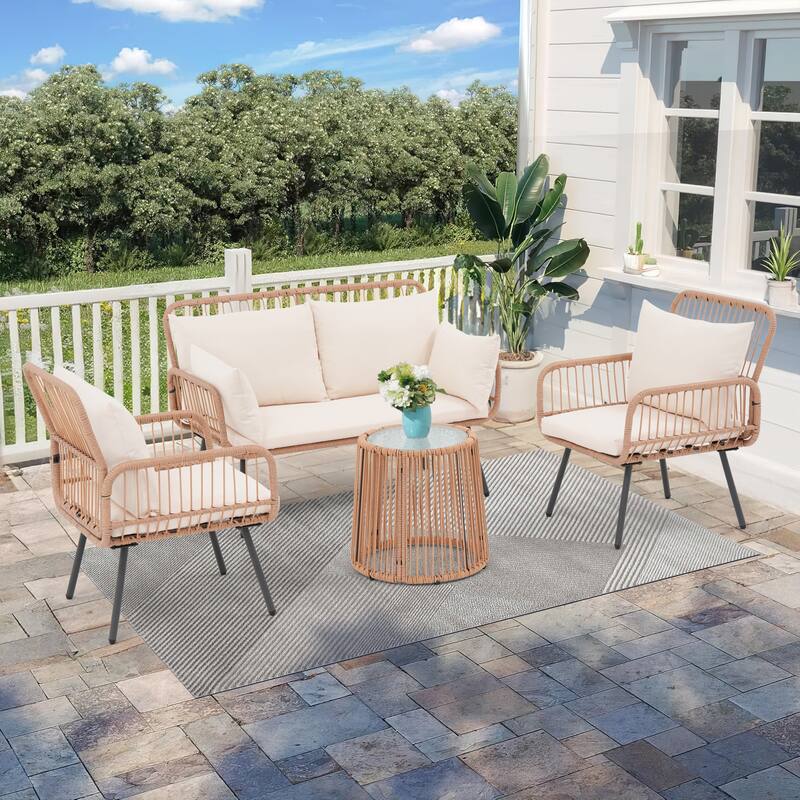 Outdoor 4 Piece Metal Patio Conversation Furniture Set Sofa - Beige