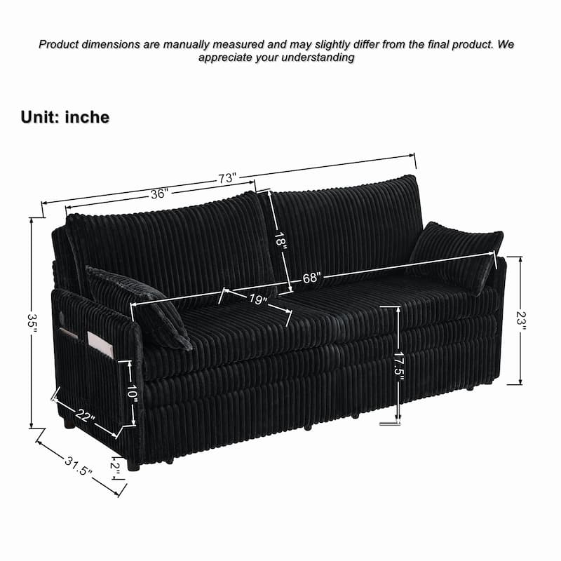 Roomfitters 73" Modern Corduroy Sofa Bed with Pull-out Sleeper Design, Modular Daybed with Storage Pocket & Pillows