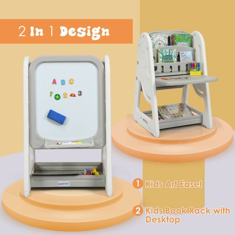 2 in 1 Kids Easel Desk Chair Set Book Rack Adjustable Art Painting Board - 25'' x 21'' x 30'' – 39'' (L x W x H)