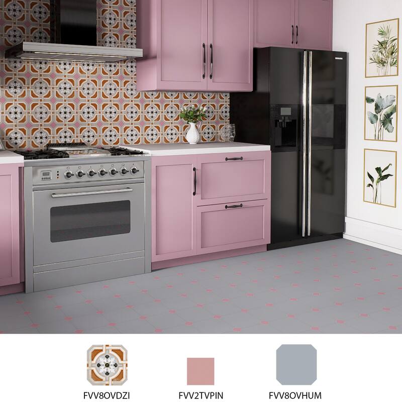 Merola Tile Vaudeville Octagon Deco Zimer with Taco Pink 7-7/8" x 7-7/8" Porcelain Floor and Wall Tile