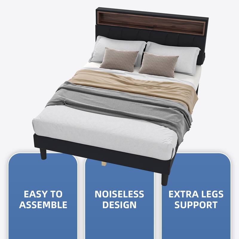 Moasis Full Black PVC Bed Frame LED Bed Frame with Storage Upholstered Velvet Headboard