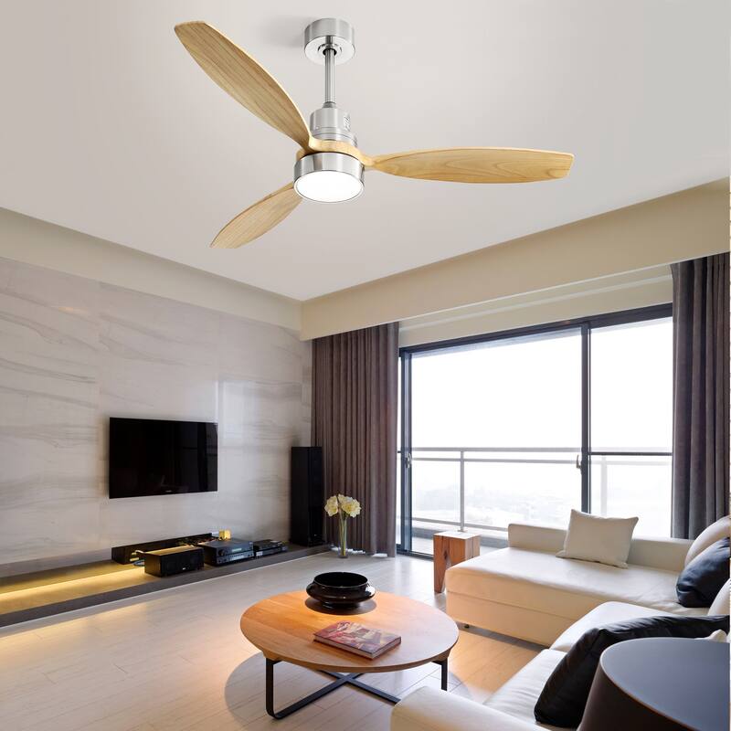 52 Inch Integrated LED Ceiling Fan with Light and Remote Control Solid Wood Blades for Living Room
