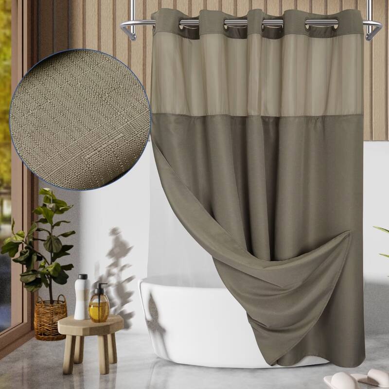 No Hook Slub Linen Texture Shower Curtain with PEVA Snap-in Liner - 71"W x 74"L - Taupe