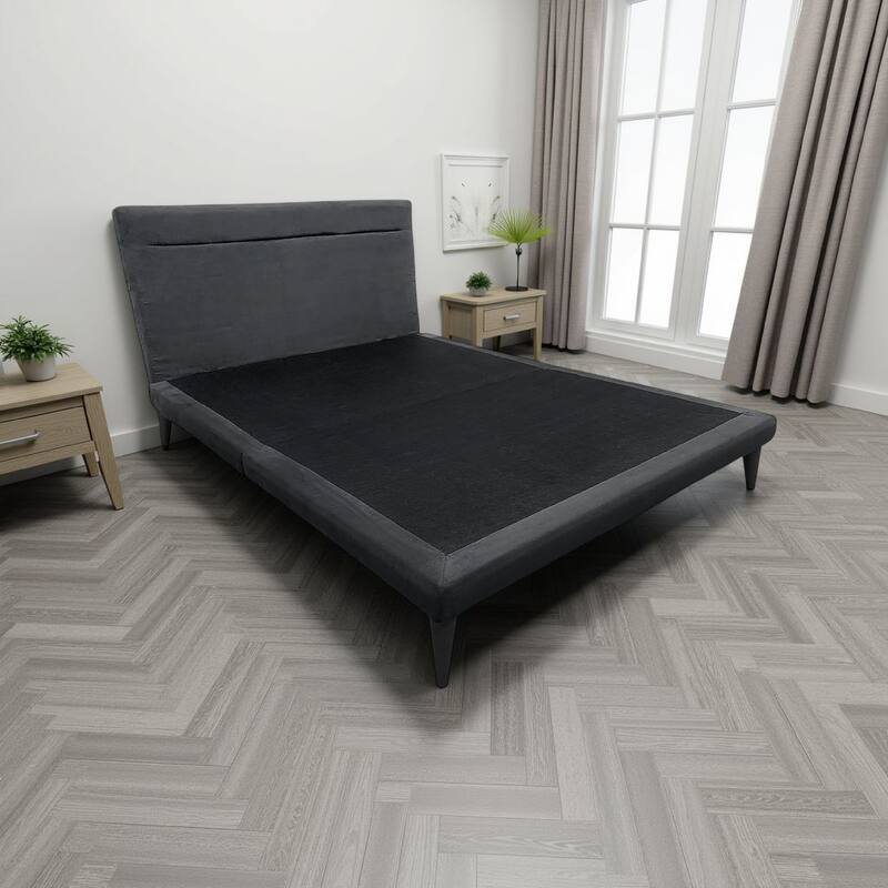 Blor Queen Size Platform Bed, Dark Gray Polyester Upholstered, Metal