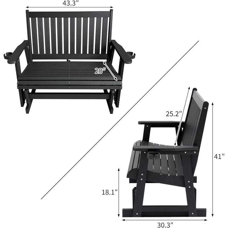 HIPS Patio Glider 2-Seat with Cup Holders, Heavy Duty 900 LB, All-Weather Resistant