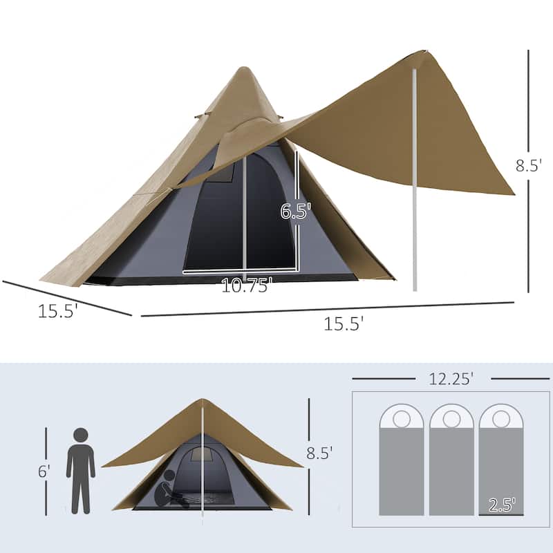 Outsunny Teepee Tent, Easy Set-Up Camping Tent with Porch Area, Floor and Carry Bag