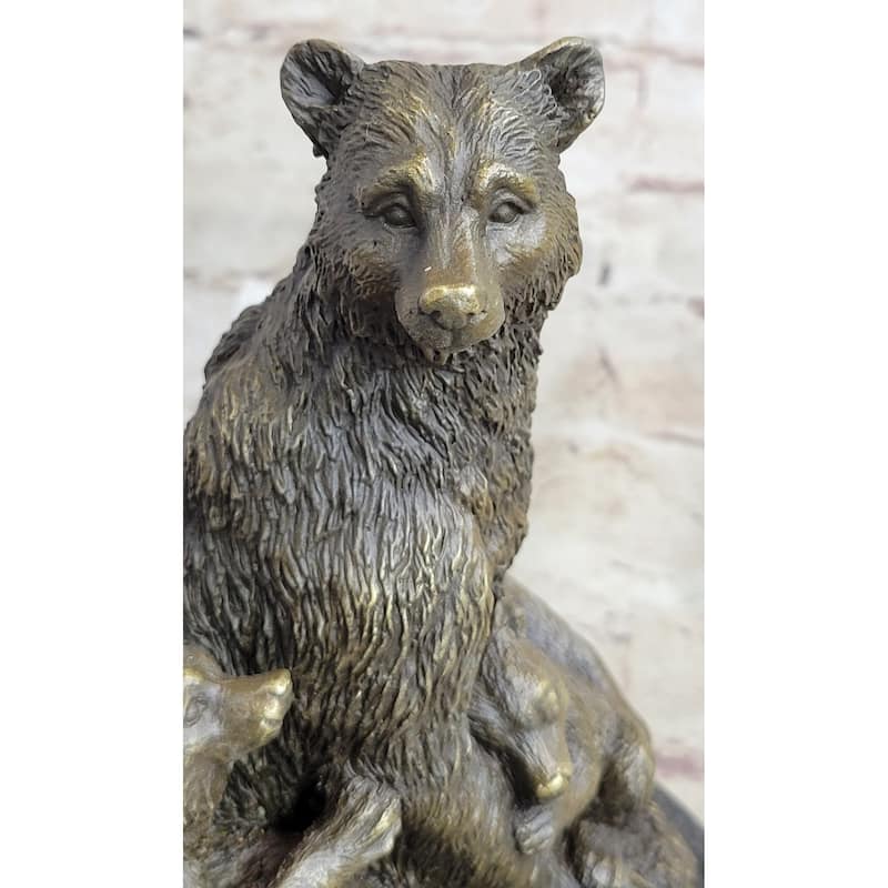Signed Original Grizzly Bear With Her Two Cubs Bronze Sculpture Statue Figurine