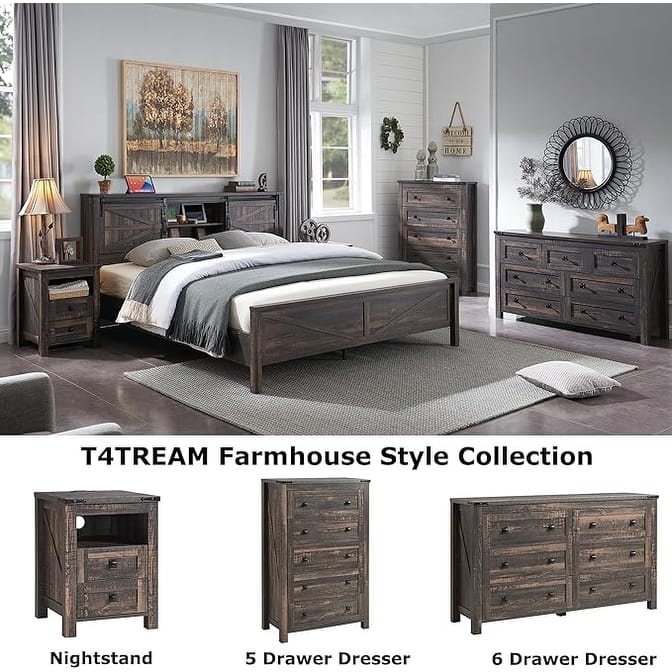 Farmhouse Full Size Bed Frame with Storage Shelves & Charging Station