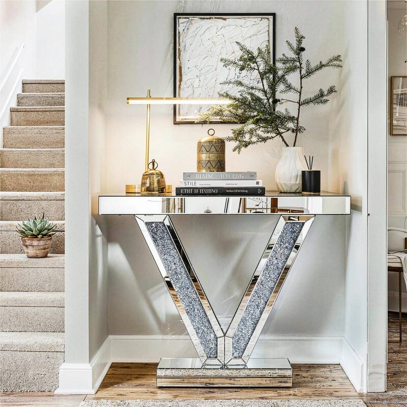 V-Shaped Frame Mirrored Console Table With Sparkling Crystal Accents