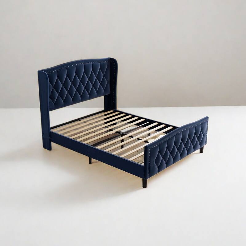 Modern Upholstered Platform Bed with Wingback Headboard