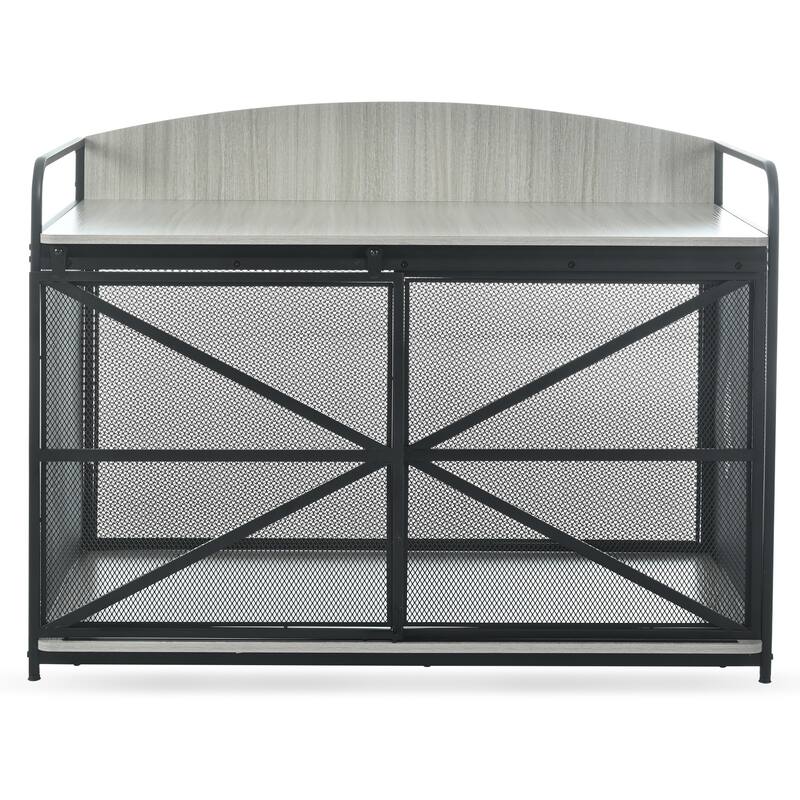 Wood Large Dog Crate Furniture with Curved Back Panel and Sliding Door, Dog Kennel Indoor End Table, Decorative Pet House