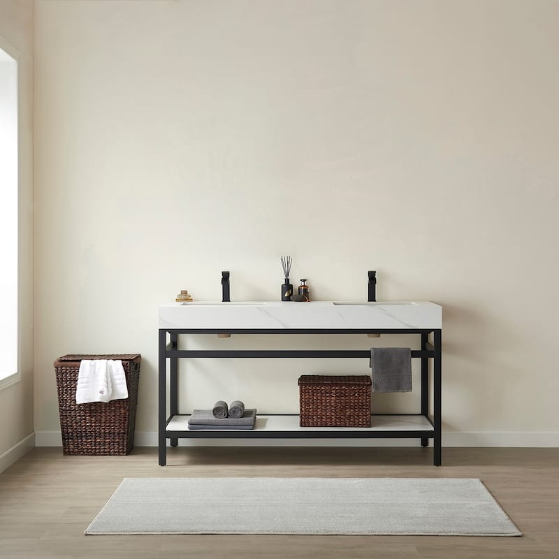Funes 60" Double Vanity, Metal Support with Stone Top without Mirror - 60''x22''