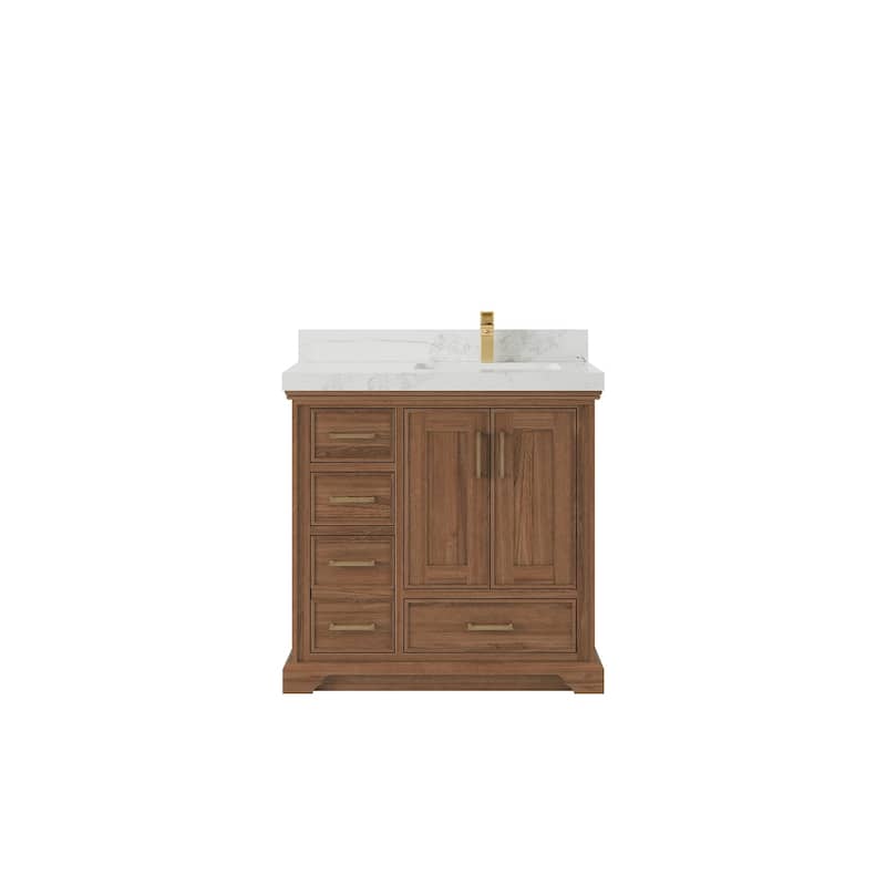 Willow Collections 36 in. W x 22 in. D Charlotte Teak Right Offset Sink Bathroom Solid Teak Vanity with Countertop - 2”Calacatta Nuvo - Dark Natural