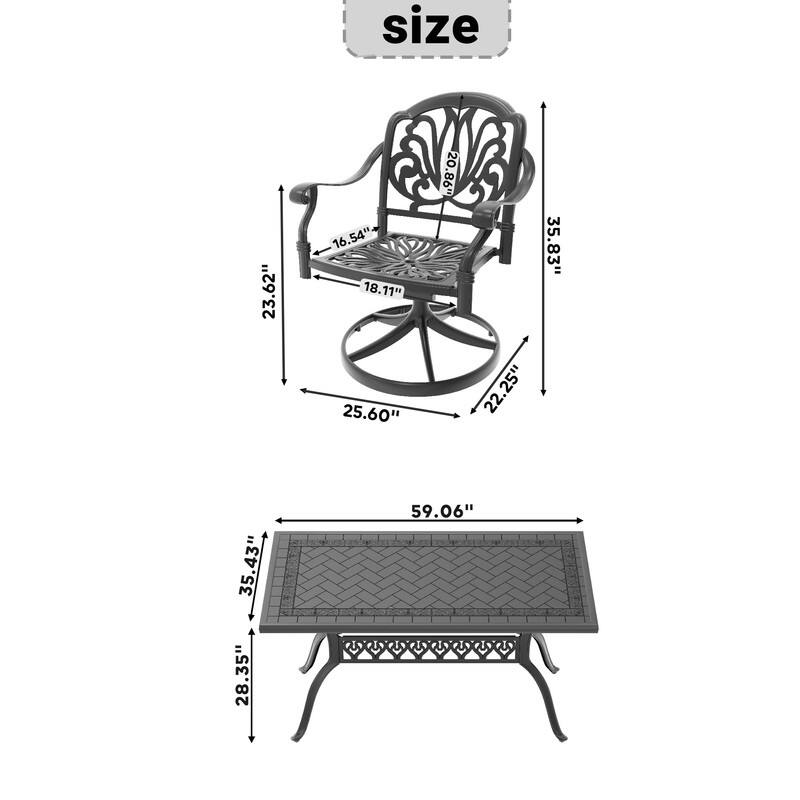 5-Piece Aluminum Rectangular Outdoor Patio Dining Set, 4 Cushioned Swivel Chairs, Table, All-Weather Frames