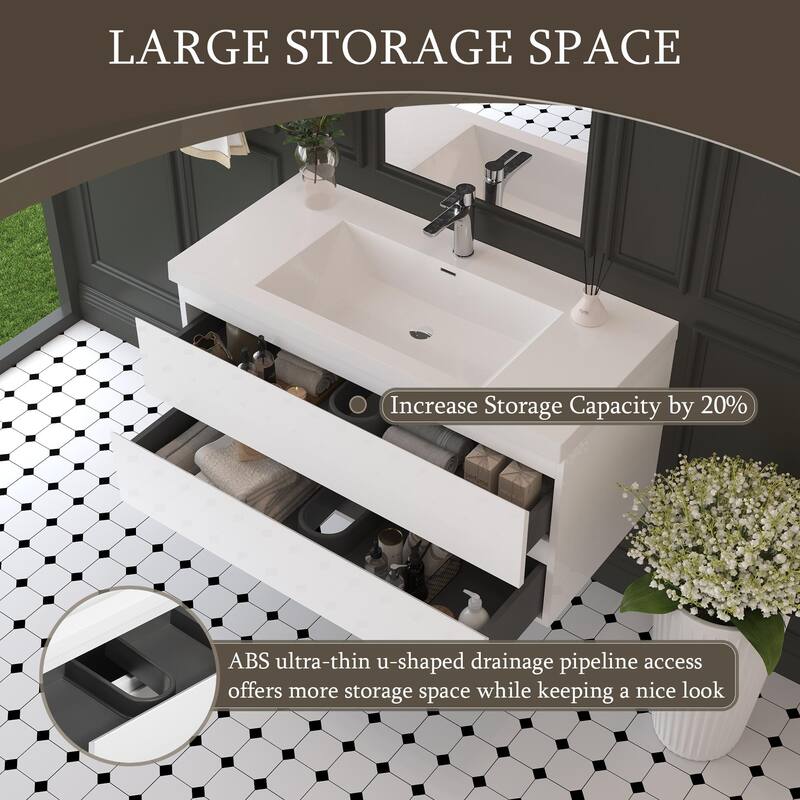 Modern Wall-Mounted Bathroom Vanity with White Solid Surface Top