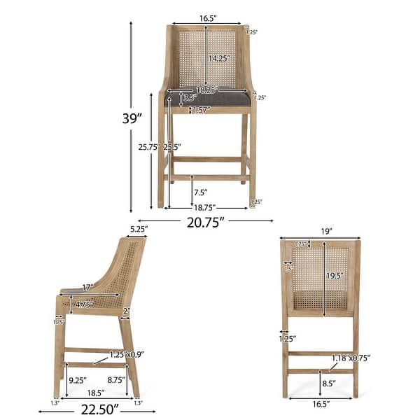 dimension image slide 1 of 3, Christopher Knight Home Cataldo Fabric Upholstered Wood and Cane 25.5-Inch Counter Stools (Set of 2)