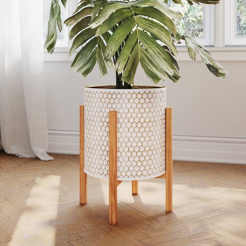 Honeycomb Mid-Century Modern Indoor Metal Pot Planter with 4-Leg Wood Base - 18.25" H  x 14" W - Multi