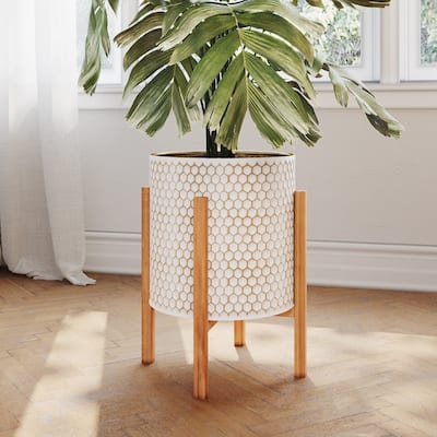 Honeycomb Mid-Century Modern Indoor Metal Pot Planter with 4-Leg Wood Base