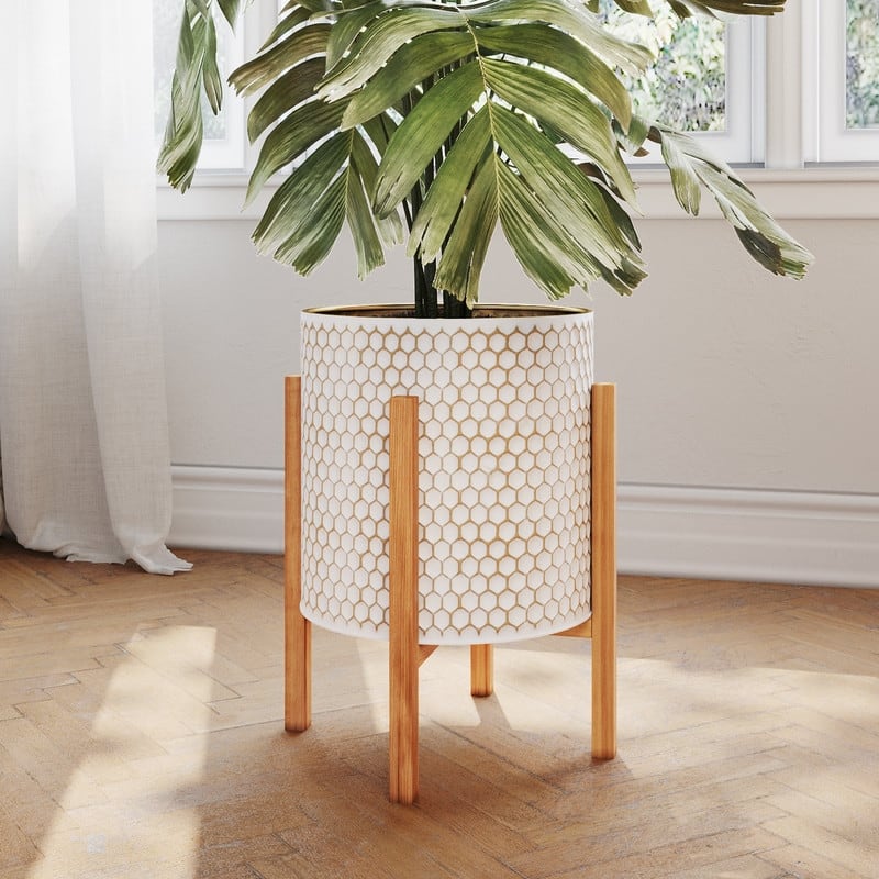 Honeycomb Mid-Century Modern Indoor Metal Pot Planter with 4-Leg Wood Base